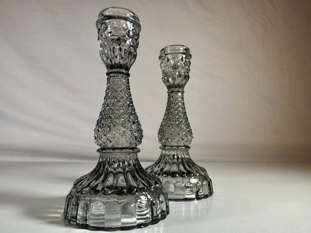 Twin French Art Deco Smoked Crystal Candlesticks Pair Vintage 6.5 Inch